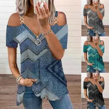 S-5XL женский топ с v-образным вырезом, полые футболки с принтом, повседневная футболка на молнии с короткими рукавами, летняя футболка S чёрный