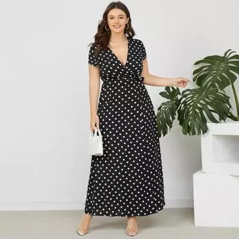 S-5XL Женское платье макси в богемном стиле в горошек 2021 Лето Сексуальное женское длинное платье с v-образным вырезом и коротким рукавом Плюс Размер Kleid Celmia FZH 2XL чёрный