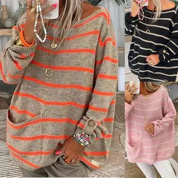 S-5XL Зимний полосатый свитер с круглым вырезом и длинным рукавом, свободный карман, женский модный свитер 4XL чёрный