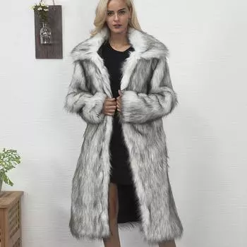 S-6XL длинное пальто из искусственного лисьего меха, женское коричневое пальто большого размера, утепленная куртка, женская зимняя верхняя одежда с отложным воротником из искусственного меха L1312 S