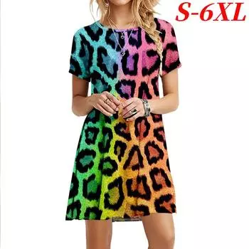 S-6XL Платье больших размеровЛеопардовое женское платье с градиентным принтомЛетние короткие платья с коротким рукавомПростое повседневное свободное женское платье S