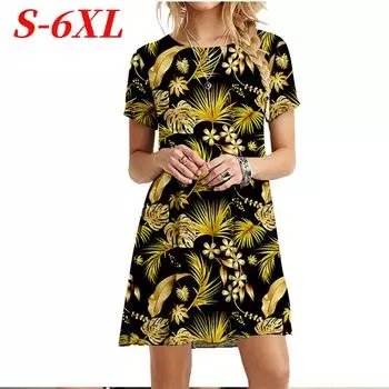 S-6XL Платья больших размеров для лета, женские пляжные платья, платье с принтом пальмовых листьев и перьев, уличное повседневное свободное женское платье S