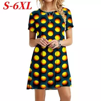 S-6XL Плюс Размер 3D Круглый Принт Платье Женское Vision Art Модные Дамские Платья Летнее Повседневное Свободное Платье А-силуэта с Коротким Рукавом S