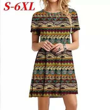 S-6XL Плюс Размер Винтаж Цветочный Принт Платье Женщин Бохо Мини Платья Лето Короткий Рукав Свободное Платье Повседневный Сарафан Для Женщин S