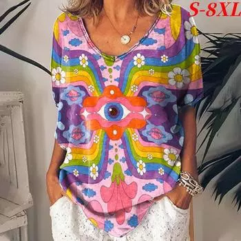 S-8XL Большие футболки для женщин Летняя мода Короткие рукава Футболки Топы Большие размеры Женская свободная повседневная одежда S