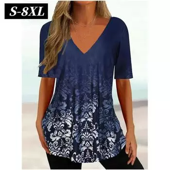 S-8XL Большие футболки для женщин, свободная женская одежда, модные топы с V-образным вырезом и коротким рукавом, футболки, женский свободный пуловер S