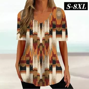 S-8XL Большие футболки для женщин с коротким рукавом, футболки, повседневные полосатые графические женские футболки с V-образным вырезом, летняя винтажная одежда S