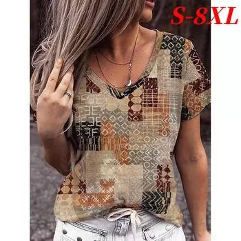 S-8XL Большие размеры 3D-принт футболки женские уличная одежда короткий рукав V-образный вырез футболки Harajuku футболки большие топы женская одежда S