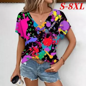 S-8XL Большие размеры Цветная 3D-принт футболка Женская уличная одежда Повседневные футболки Женские футболки Harajuku с V-образным вырезом Топы Одежда больших размеров S