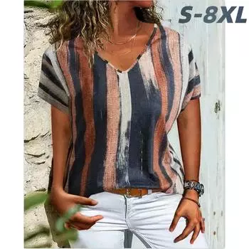 S-8XL Большие размеры Полосатые 3D-принтованные футболки Женские повседневные модные винтажные футболки с коротким рукавом и V-образным вырезом Женские футболки Топы Одежда S