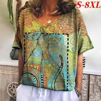 S-8XL Большие размеры Ретро Женские футболки с рисунком кота, V-образным вырезом, короткими рукавами, топы, летняя модная повседневная женская одежда S