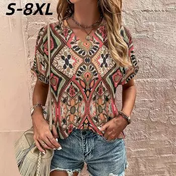 S-8XL Большие размеры Женская футболка Летние топы с коротким рукавом Футболки Повседневная уличная мода Футболка с V-образным вырезом Женская одежда Пуловер S