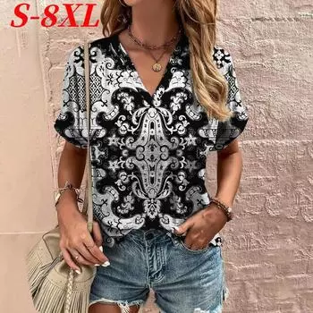 S-8XL Футболка большого размера для женщин с V-образным вырезом и коротким рукавом, футболки, летняя повседневная женская одежда, пуловер, уличная одежда S