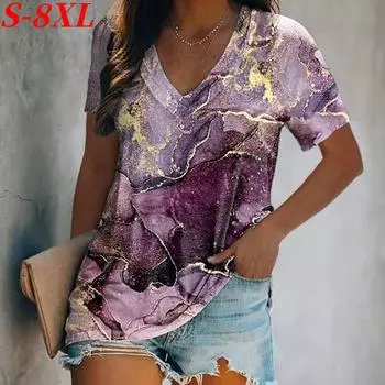 S-8XL Футболка большого размера для женщин с принтом бабочки 3D V-образным вырезом и коротким рукавом, топы, летняя мода, повседневная одежда больших размеров S