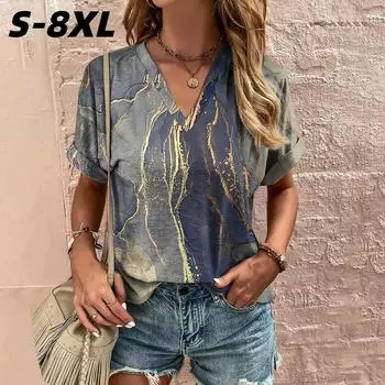 S-8XL Футболка большого размера для женщин с полосатым принтом и V-образным вырезом, короткие рукава, модные летние повседневные топы, свободные, повседневные, уличная одежда S