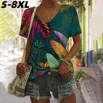 S-8XL футболка большого размера с цветочным 3D-принтом женская футболка с V-образным вырезом и коротким рукавом свободного покроя Harajuku Y2k топы футболки женская одежда S