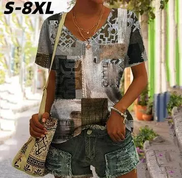 S-8XL Футболка размера плюс для женщин Винтажная клетчатая печать Топы Женская одежда Пуловер с V-образным вырезом Летние свободные футболки с коротким рукавом S
