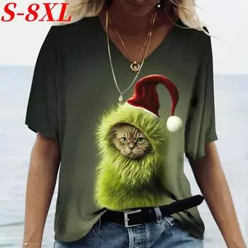 S-8XL Футболка размера плюс для женщин, модные футболки с коротким рукавом и принтом кота, женские свободные топы с V-образным вырезом, женская одежда с изображением животных S