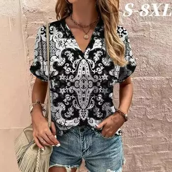 S-8XL футболка размера плюс для женщин летние топы с V-образным вырезом футболки повседневная мода короткий рукав повседневная футболка 3d принт женская одежда S