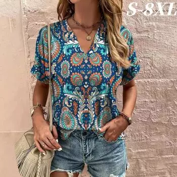 S-8XL Футболка размера плюс для женщин, летняя, ретро, этнический принт, короткий рукав, модные топы с V-образным вырезом, футболки, повседневная женская уличная одежда S
