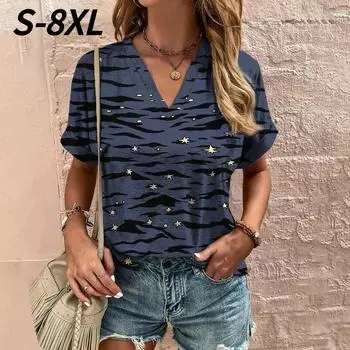 S-8XL футболка размера плюс для женщин летние топы с V-образным вырезом и коротким рукавом модные повседневные ретро-одежда в стиле Харадзюку женские футболки рубашки S