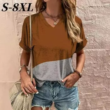 S-8XL Футболка размера плюс для женщин, летние ретро-топы с V-образным вырезом, футболки, модная повседневная футболка с коротким рукавом, женская одежда, пуловер S