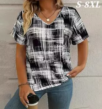 S-8XL Футболка размера плюс для женщин, летняя винтажная женская футболка, повседневная одежда для активного отдыха, топы с коротким рукавом и V-образным вырезом, футболки S