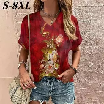 S-8XL Футболка размера плюс для женщин, летний цветочный принт, повседневные топы с коротким рукавом, футболки, модная уличная одежда с V-образным вырезом, пуловер, одежда S
