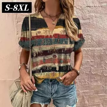 S-8XL футболка размера плюс для женщин винтажный цветочный узор 3d принт одежда летняя повседневная мода V-образный вырез короткий рукав топы футболки S