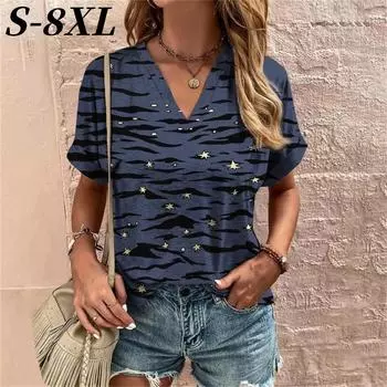S-8XL Футболка размера плюс Летние повседневные топы с коротким рукавом Футболки Женские футболки Модная V-образная горловина Женская одежда больших размеров S