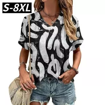 S-8XL Летняя футболка размера плюс для женщин с V-образным вырезом Повседневная мода Граффити Футболки Harajuku Одежда Свободные топы с коротким рукавом Пуловер S