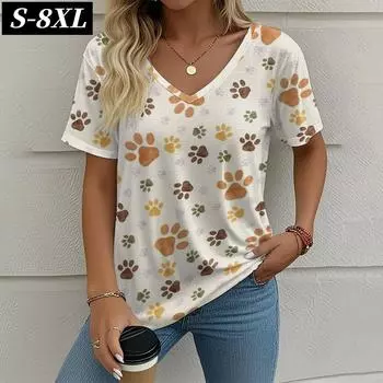 S-8XL Летняя женская футболка больших размеров с графическим принтом в виде когтей животных, свободная одежда для активного отдыха, топы с коротким рукавом и V-образным вырезом, футболки S