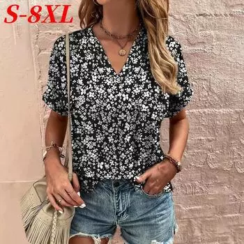 S-8XL Плюс Размер Летняя женская модная футболка Винтаж Цветочная женская уличная повседневная футболка с коротким рукавом Топы женская одежда S