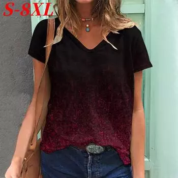 S-8XL Плюс Размер Лето Градиент 3D Принт Футболка Женская V-образный вырез Короткие рукава Футболки Уличная одежда Большие футболки Топы Женская одежда S
