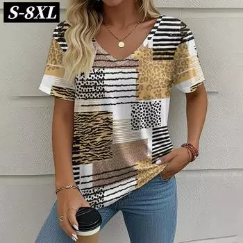 S-8XL Плюс Размер Лето Винтаж Женская футболка Повседневный Клетчатый Узор Печатная Одежда Для Отдыха V-образный вырез Короткие Рукава Топы Футболки S