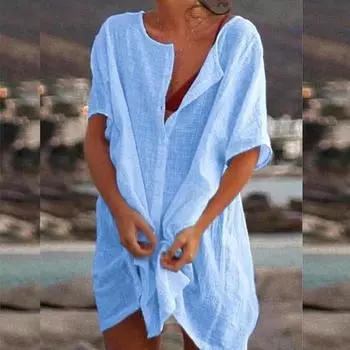 S-8XL Плюс Размер Модная Летняя Женская Повседневная Пляжная Одежда Купальники Прикрытие Льняное Платье Свободное Платье С Коротким Рукавом Глубокий V-образным Вырезом Сплошной Цвет Мини-Платье S красный