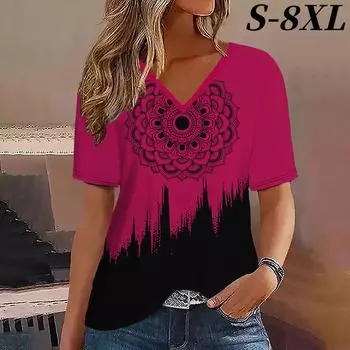 S-8XL Плюс Размер Модная женская футболка с V-образным вырезом и коротким рукавом Футболки Топы Уличная одежда Летний повседневный пуловер Женская одежда больших размеров S