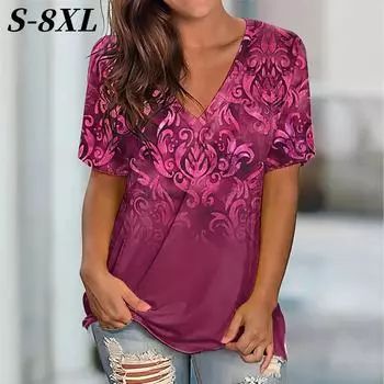 S-8XL Плюс Размер Модная женская футболка с V-образным вырезом и коротким рукавом, летняя футболка с 3D-принтом и цветочным принтом, свободные топы, несколько цветов S