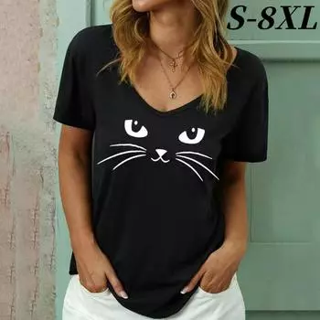 S-8XL Плюс Размер Модная женская футболка Женская 3D Кошки Принт Черная футболка с V-образным вырезом Женская одежда Большие летние топы Футболки S