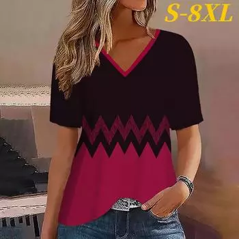 S-8XL Плюс Размер Модные женские футболки с полосками и принтом, градиентом, V-образным вырезом, короткими рукавами, топы, уличная одежда, летняя одежда больших размеров S