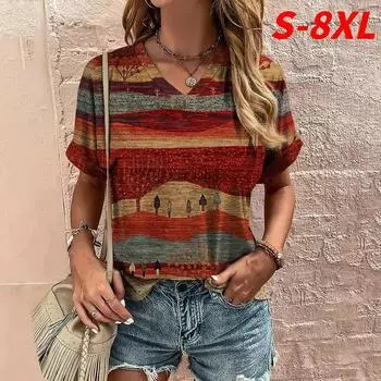 S-8XL Плюс Размер Ретро Женская Футболка с V-образным вырезом Летние топы с коротким рукавом Футболки Повседневная футболка Женская уличная одежда Пуловер S
