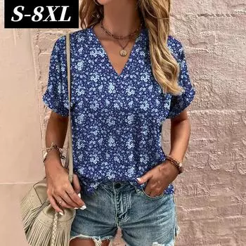S-8XL Плюс Размер V-образный вырез Цветочный принт Женская футболка Летние повседневные топы Модная женская одежда Женская футболка с коротким рукавом Пуловер S