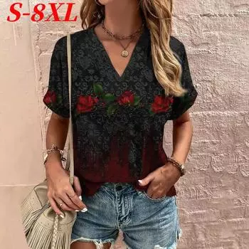 S-8XL Плюс Размер Винтаж Футболка Для Женщин V-образный вырез Короткий рукав Футболки Топы Летняя Свободная Повседневная Женская Одежда Пуловер S