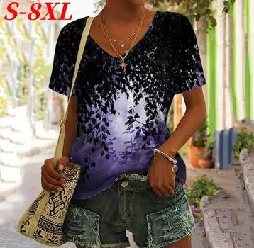 S-8XL Плюс Размер Женская Футболка 3D Цветочный Принт V-образный вырез Короткие Рукава Футболки Топы Летняя Мода Пуловер Футболки Для Женщин Одежда S