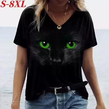 S-8XL Плюс Размер Женская Футболка Kawaii Cat Print 3D Футболка Модные Футболки С Коротким Рукавом Топы Летняя Женская Одежда с V-образным Вырезом S