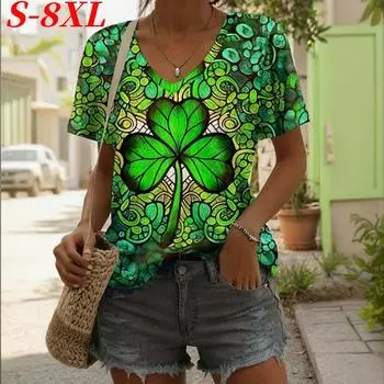 S-8XL Плюс Размер Женская футболка Летняя Повседневная Уличная Свободная Блузка с V-образным вырезом Футболки с короткими рукавами Топы Напечатанный Узор Женская Одежда S