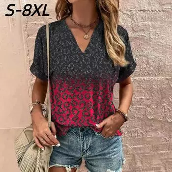 S-8XL Плюс Размер Женская Футболка с V-образным вырезом Летняя мода Топы с коротким рукавом Футболки Повседневная Свободная Женская Оверсайз Пуловер Одежда S