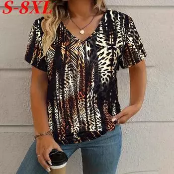 S-8XL Plus Size T-shirt Vintage Women T-Shirt Summer Outdoor Casual V-Neck Short Sleeve Tees Tops Female Oversize Clothing S