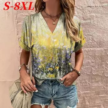 S-8XL Plus Size Vintage Floral Women s T-shirt Harajuku Tops V-neck Fashion Blouse Summer Casual Clothes Oversized Tees Tops S