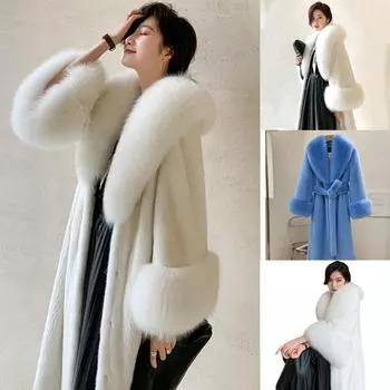 S-9XL, большая шуба из искусственного норкового меха, женская длинная шуба, темперамент, тонкое пальто с воротником из лисьего меха, большая ветрозащитная и теплая шуба S